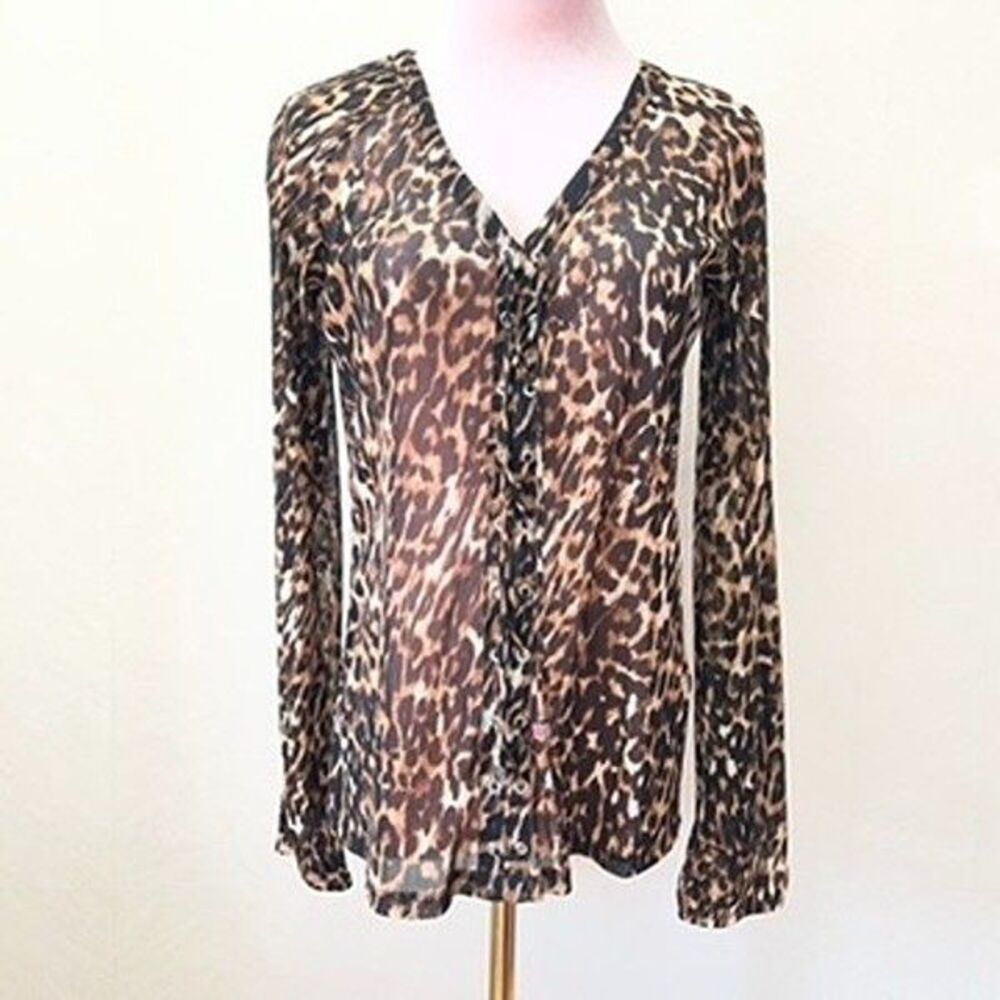 INC Brown Black Leopard Print Lace-Up Front Semi-Sheer Blouse Top Womens S